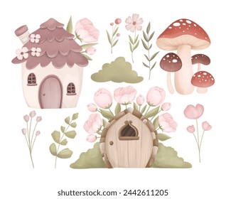 Set of Fairy House and Flowers