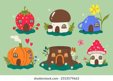 Set of fairy houses: strawberry, pumpkin, mushroom, fly agaric, mug, stump. Vector graphics.