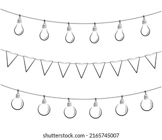 set of fairy lights, pennants, ball garland, black outline isolated vector decoration, string of outdoor lights, holiday lamps for wedding or birthday cards, new year banners, party posters