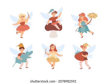 Set of fairy male and female characters of cute adorable pixies or elves, flat cartoon vector illustration isolated on white background. Childish folklore pixie people.