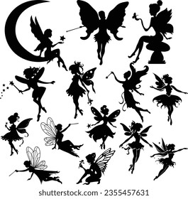 set of fairy silhouettes isolated on white background