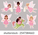 Set of fairy stickers. Cute hand-drawn fairies.	