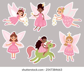 Set of fairy stickers. Cute hand-drawn fairies.	