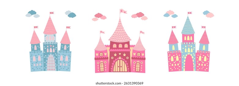 Set of fairy tale castle towers. Cute princess palace vector illustration on white background.