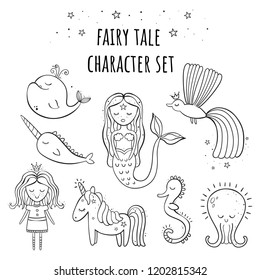 A set of fairy tale characters. Mermaid, Princess, Phoenix, whale, narwhal, unicorn magic octopus sleeping seahorse