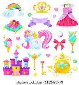 Set of fairy tale elements, icons and illustrations. Magic castle, crown of princess and unicorn. Vector illustration.