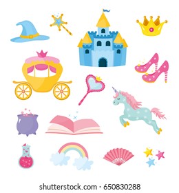 Set of fairy tale elements, icons and illustrations. Magic castle, crown of princess, coach, magic potion, unicorn. Different elements of fairy tales.