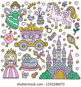 Set of fairy tale elements. Princess, fairy, horse, carriage. Isolated elements. Vector illustration.