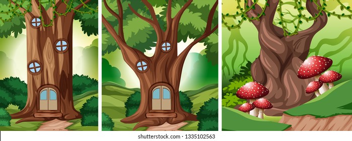 Conjunto de ilustraciones de fondo del bosque de cuento de hadas