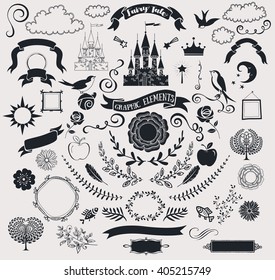 Set of Fairy Tale Graphic Vector Elements - Crisp black clip art, including castle, banners, frames, roses, clouds, birds, branches, flowers, swirls and fun shapes; hand drawn