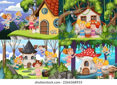 Set of fairy tale house background illustration