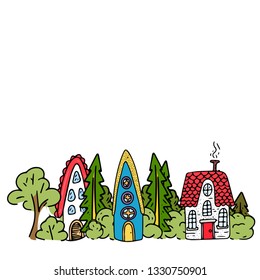 Set of Fairy Tale houses in forests. Hand drawn cute little houses doodle style several objects copy space. Cartoon houses and game icons.