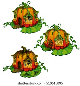 Set of fairy tale houses made out of pumpkins. Home of dwellers of fantasy forest isolated on a white background. Vector illustration.
