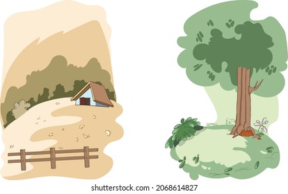 Set of fairy tale illustrations. Coloring book, Coloring page, Cute and funny background illustration set of different drawings for storybook