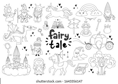 Set of fairy tale objects collection. Hand drawn doodle illustration with unicorn, king, queen, prinncess, magic book, dragon, castle, carriage, knight etc.