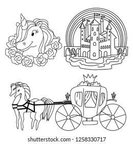Set of fairy tale symbols and objects. Isolated vector coloring page for print