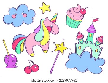 Set with fairy tale unicorn, castle, cupcake and cloud. Purple fantasy pony. Vector illustration in cartoon style. Children's illustration.