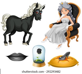 Set of fairy tales with princess and unicorn in black