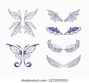 Set of fairy wings of angel, demon, bat and fairy. Linear vector