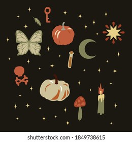 Set of fairy witchcraft and astrology illustrations. Spiritual mood, moon, butterfly, pumpkin, key, mystery, candle, mushroom