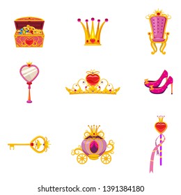 Set Fairy World Princess elements and attributes of design. Mirror, shoes, magic wand, treasure chest, tiara, key, crown. Vector, illustration, cartoon style, isolated