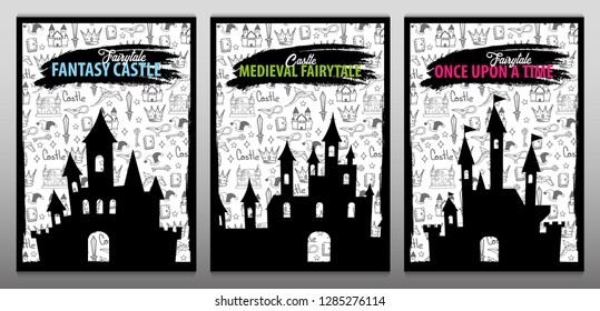 Set of Fairytale banners. Black silhouette of castle on hand-draw doodle background. Fantasy medieval landscape. Vector illustration