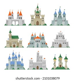 Set of Fairytale Castles, Medieval Towers, Fantasy Palace Buildings in Fairyland Kingdom . Fabulous Historical Bastion, Fortress Construction Isolated on White Background. Cartoon Vector Illustration svg
