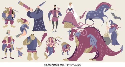 Set of fairytale characters in cartoon style.Funny characters and animals, monsters and heroes of folklore are isolated on a neutral background.