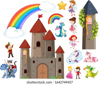 Set of fairytale characters and castle towers illustration