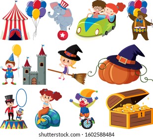 Set of fairytale characters and circus items illustration