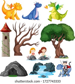 Set of fairytale characters and nature settings illustration