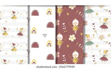 Set of fairytale children's backgrounds with fairies, stars, flowers. Cute cartoon pattern with gold glitter