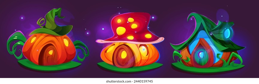 Set of fairytale dwarf houses isolated on background. Vector cartoon illustration of cute pumpkin and mushroom huts on green lawn with round wooden doors and neon light in windows, fantasy village