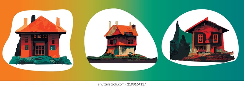 Set of fairytale houses. Dwarf's house. Troll's house. Set of isolated houses