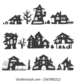 Set of fairytale houses with stylized various windows, trees and shrubs, cartoon style street silhouette. For stickers or interior design
