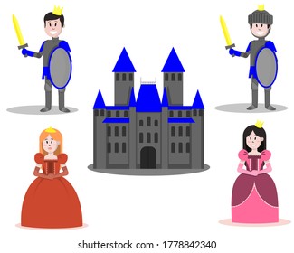 Set of fairy-tale images.Illustration for books and manuals for children. Mythical character. Fairytale character. Good dragon. Beautiful princess. Brave knight. Flat illustration. Vector image