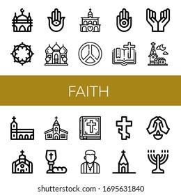 Set of faith icons. Such as Mosque, Crown of thorns, Semitic neopaganism, Church, Peace, Jainism, Bible, Prayer, Monastery, Communion, Pastor, Orthodox cross, Menorah , faith icons