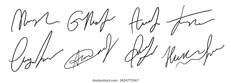 Set of fake autographs. Hand writing, black ink. Vector