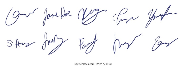 Set of fake autographs, signature. Hand writing, blue ink pen. Vector