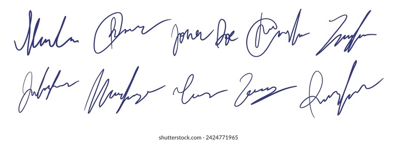 Set of fake autographs, signature. Hand writing, blue ink. Vector