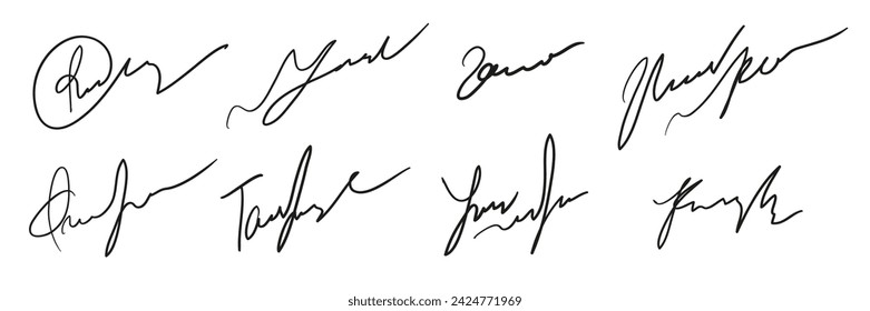 Set of fake autographs, signature. Hand writing, black ink. Vector