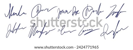 Set of fake autographs, signature. Hand writing, blue ink. Vector