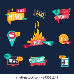 Set of fake news banners and labels. Fake news, sports, live, hot, top, breaking,online news, it's a fake stamp. News digital web ad in flat design.