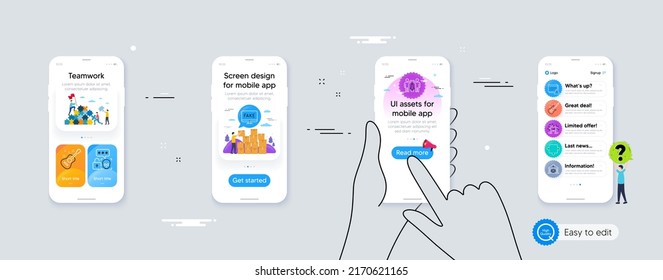 Set of Fake news, Cyber attack and Guitar line icons. Phone ui interface. Include Teamwork, Notification, Court building icons. Puzzle, Electric guitar, Partnership web elements. Vector