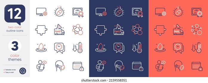 Set of Fake news, Fuel energy and Monitor settings line icons. Include Calendar, Low thermometer, Certificate icons. Puzzle, Capsule pill, Clock web elements. Medical mask. Vector