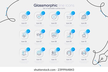 Set of Fake news, Headshot and Global business line icons for web app. Fishing place, Heartbeat, Medical support icons. Face scanning, Update time, Wash hands signs. Fisherman. Vector