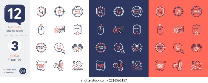 Set of Fake news, Quick tips and Fahrenheit thermometer line icons. Include Idea, Fair trade, Energy icons. Check investment, Bitcoin chart, Tips web elements. Inspect, Drop counter, Swipe up. Vector