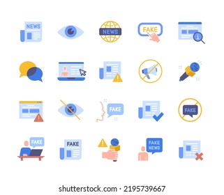 Set of Fake News Related Colorful Icons. Propaganda, disinformation and lies in newspapers, messages and TV shows. Design elements for apps. Cartoon flat vector collection isolated on white