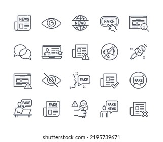 Set of Fake News Related Line Icons. False information in newspapers, propaganda on social media and disinformation on internet or on web. Cartoon flat vector collection isolated on white background svg