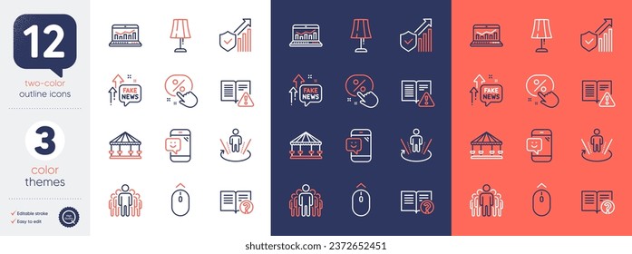 Set of Fake news, Security statistics and Web analytics line icons. Include Swipe up, Discount button, Group icons. Smile, Table lamp, Augmented reality web elements. Help. Vector